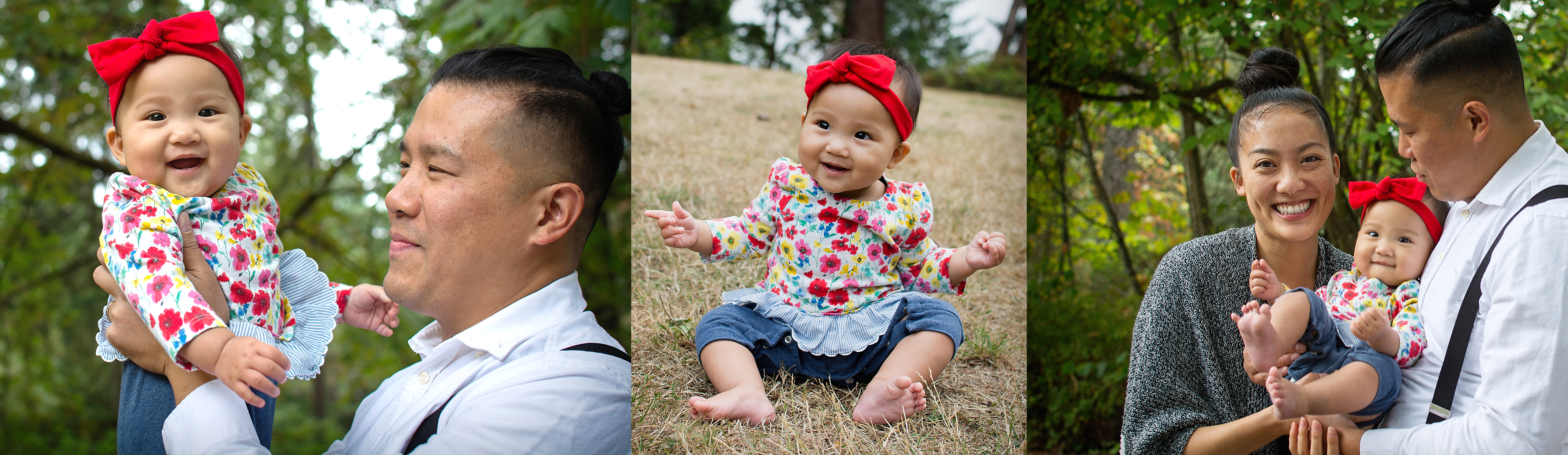 three pictures of a littel girl with her mom and dad and smiling on the grass